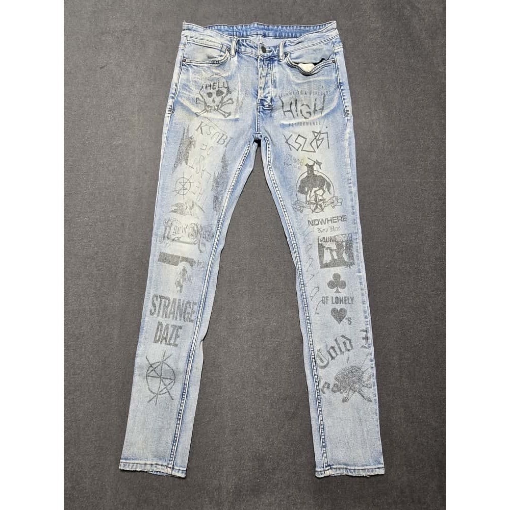 KSUBI Men's Washed Blue Distressed‎ Letter Printing Skinny Jeans Casual 33x30